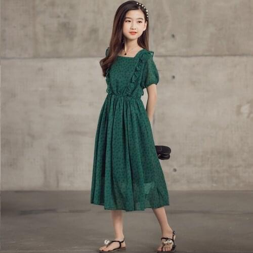 Floral Elegant Dark Green Teen Girls Dress 2021 New Summer Ruched Cute Mid Long Kids Dresses Chiffon Children Clothing,#6301