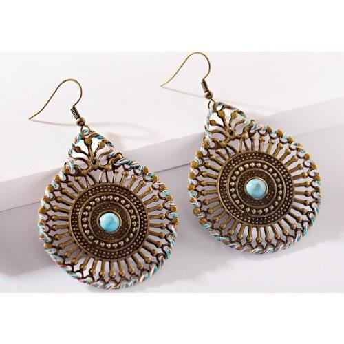 Ethnic Round Hollow Dangle Earrings Fashion Jewelry Women Vintage Boho Stone Summer Ladies Earrings Hangers