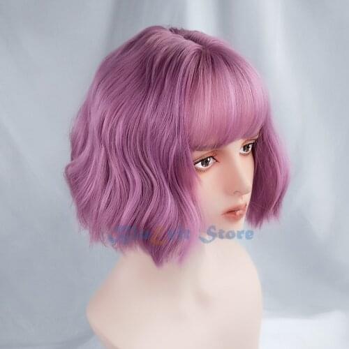 Harajuku Purple Lolita Wig Women Short Curly Hair Fringe Bangs Adult Chic Girls Cosplay Daily Wear