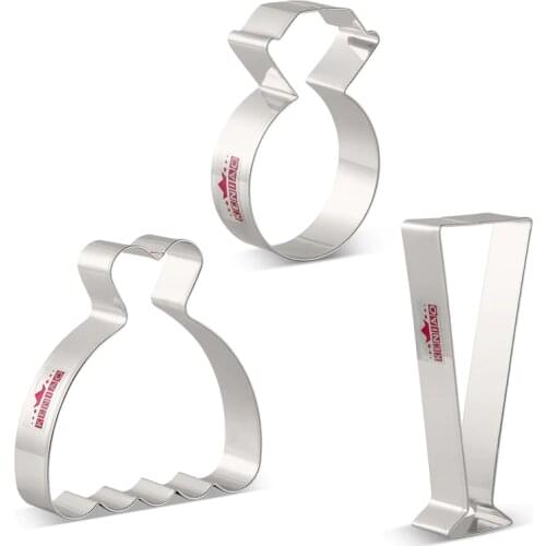 KENIAO Wedding Cookie Cutter Set - 3 Piece - Dress, Diamond Ring and Champagne Glass(Rose) Biscuit Cutter - Stainless Steel