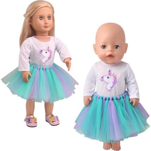 Dolls Dress Fantastic Unicorn Print Rainbow Yarn Skirt Fit 43cm Baby New Born doll,American Girl 18inch Doll Clothes Accessories
