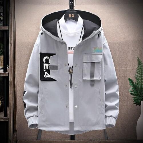 New Casual Hooded Mens Jacket Covered Button Letter Printed Korean Spring Autumn Coats Streetwear Short Windbreaker Bomber Top