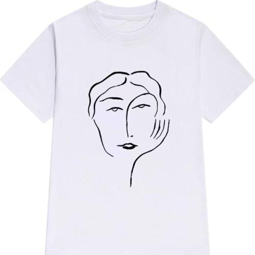 Summer T-shirt Harajuku ladies t-shirt face abstract simple printed T-shirt O-neck t-shirt line pattern ladies top tee T-shirt
