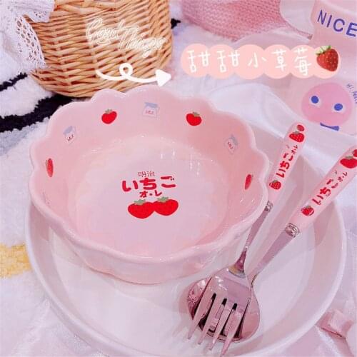 Lovely Strawberry Ceramic Bowl With spoon Cutlery Fruit Salad Bowl Dessert Bowl Lace Bowl Breakfast Rice Bowl Tableware for Kids