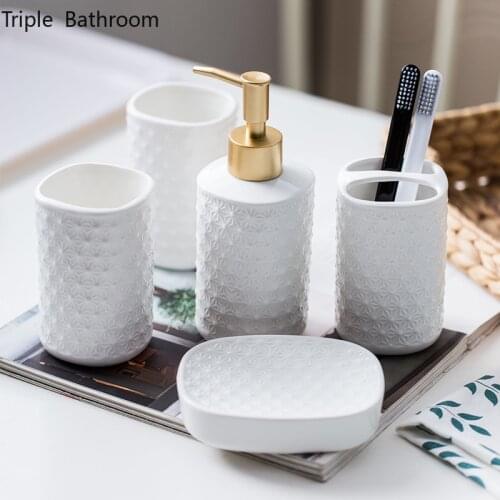 Pure White Four Piece Set Ceramics Bathroom Toiletry Set Home Liquid Soap Dispenser Toothbrush Holder Tooth Mug Soap Dish