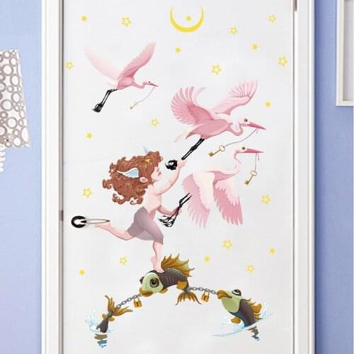 Lovely bird and fish door sticker cartoon animal wall stickers for kids room, boy and moon home decor, removable PVC vinyl wall