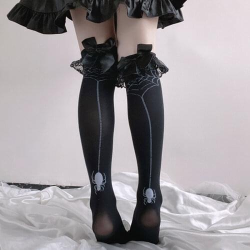 New Japanese dark girl sexy black lace stockings Lolita spider with diamond hollow bow socks Gothic clothing kawaii socks Women