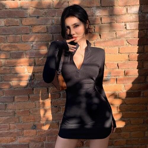 Stretch Slim Soft Ribbed Knitted Turtleneck Dress Woman Fashion Solid Black Casual Zip Dresses Autumn Winter Trend Female Skirts