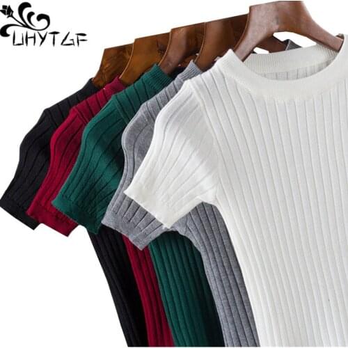 UHYTGF Casual thin Knit Sweater Female Short Sleeve Pullover Spring Sweater Women Fashion Slim Elasticity short shirt tops 733