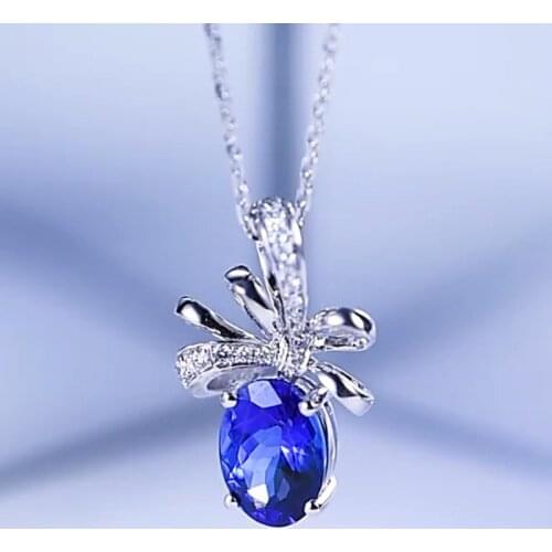 Luxury Female Blue Zircon Pendant Necklace Charm Silver Color Chain Necklace Cute Crystal Bowknot Wedding Necklaces For Women