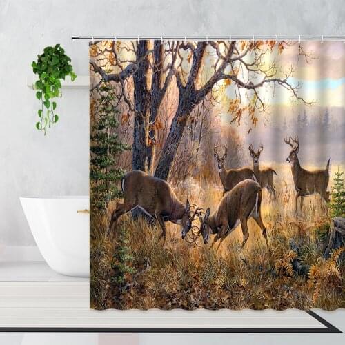 Elk Shower Curtain Autumn Forest Grassland Wildlife 3D Pattern Home Decor Background Cloth Waterproof Bath Curtains With Hooks