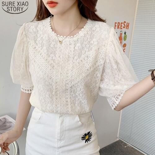 New Lantern Sleeve Elegant Patchwork Crochet Women Shirt Lace Casual O-neck Women Tops Plus Size Clothing Blusas Mujer 14376