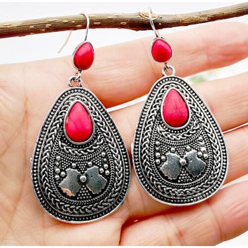 Fashion Ethnic Style Women Earrings Classic Vintage Red Blue Stone Drop Earrings Jewelry Earrings for Women Party Best Gift