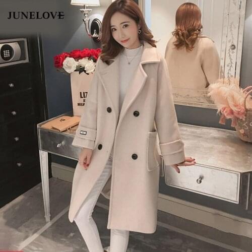 JuneLove autumn winter Women korean wool coat ladies solid casual coats double breasted turn-down collar jakects long outwears