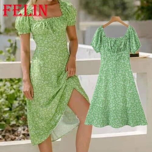 Za 2021 Women Chic Green Floral Print Vintage Ruffles Midi Dress Short Sleeve Ruffles Square Collar Chiffon Side Split Dress