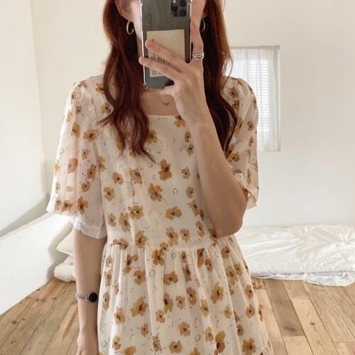 Women Summer Square Collar Long Floral Chiffon Dress Sashes Short Sleeve High Waist Loose Midi Sundress