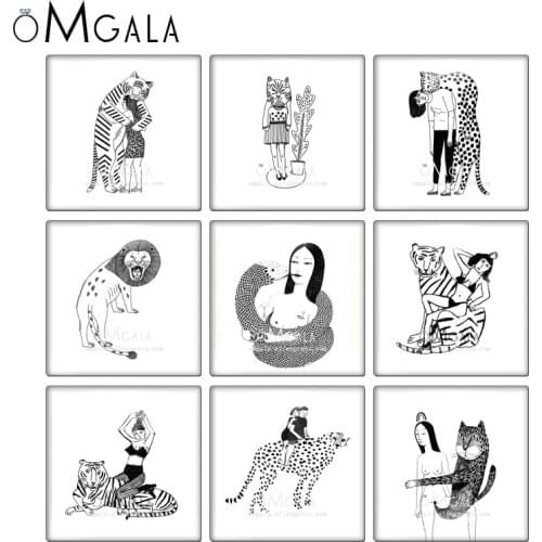 Stick Figure Woman with Tiger Art Drawings 10pcs 12mm/20mm/25mm/30mm photo glass cabochon demo flat back Making findings