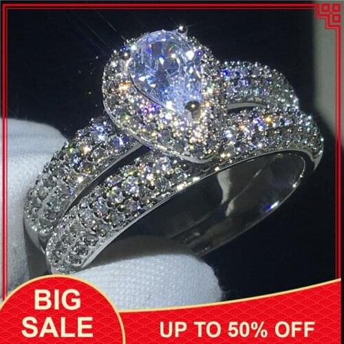 2018 Dazzling ring set Silver color pave setting 5A AAAAA Cz Engagement wedding band rings for women Bridal Jewelry