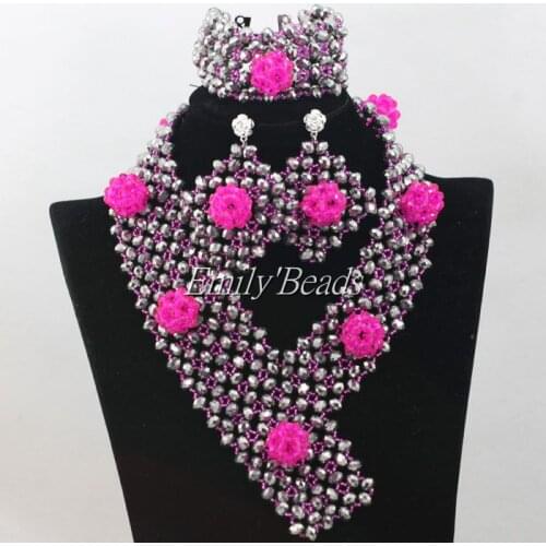 Fuchsia African Wedding Beads Jewelry Set Silver Nigerian Crystal Beads Necklace Bracelet Earrings Set Silver Plated AIJ485