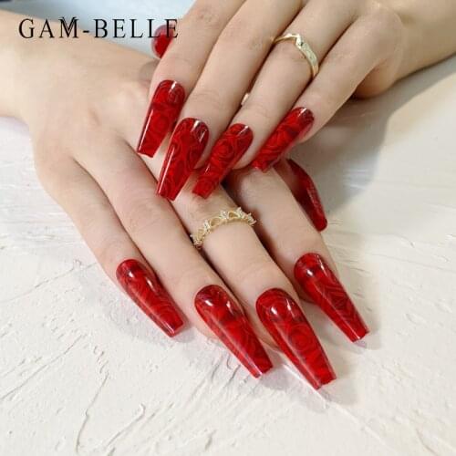 GAM-BELLE Red Rose Pattern Design False Nail French Coffin Artificial Nails Tips Full Fake Nails with Glue Diy Manicure Tools
