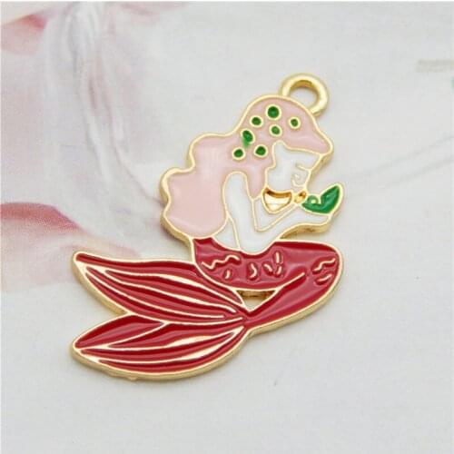 Julie Wang 5PCS Enamel Red Pink Mermaid Charms Gold Tone Mermaid Pendants Alloy Bracelet Jewelry Making Accessory