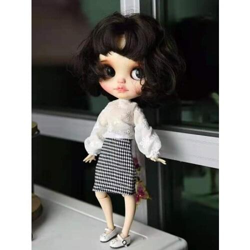 Fashion Doll Clothes Set Long Puff Sleeve Shirt Houndstooth Plaid Tops Skirt for Blythe Doll Outfits Blyth 1/6 BJD Accessories