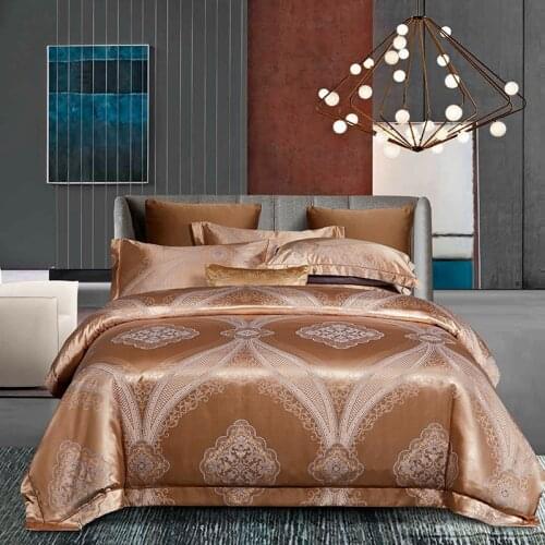 Luxury Beige Gold Jacquard Satin Cotton 4pcs Bedding Set Duvet Cover Bedspread Flat Sheet Pillowcases Queen King Size