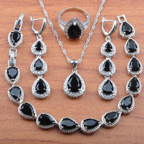 Exclusive Silver Color Jewelry Set Water Drop Design Black Zirconia For Women Wedding Jewelry Best Gift JS0183