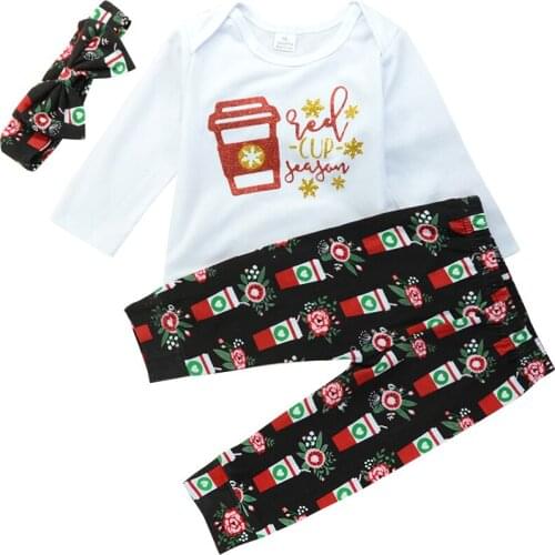 0-24M Toddler Baby Girls Sets Festival Milktea Print Rompers Pants Headband 3 Pieces Bebe Clothing Suit Fashion