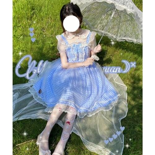 Lolita Dress Summer New Soft Girl Strap Retro Sweet Ruffle Pink Blue Lace Baby Doll Dress For Women Korean Cute One-Piece Dress