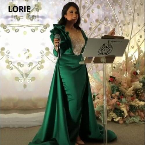 LORIE Emerald Green Evening Dress O-Neck Beaded Long Sleeves Satin Mermaid Arabic Muslim Prom Gown Formal Party Dresses