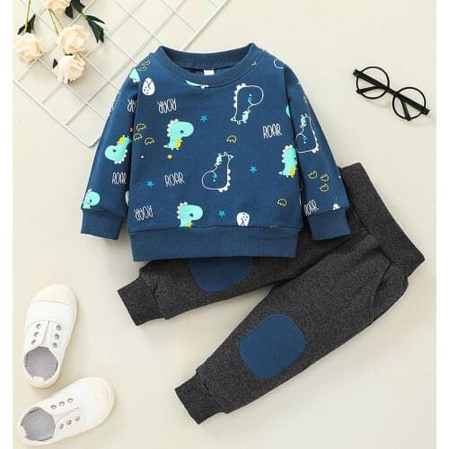 2021 New Fashion Toddler Baby Boys Girls Cute Cartoon Dinosaur Printing Pullover Sweatshirts Tops+Pants Sports Outfits Suit