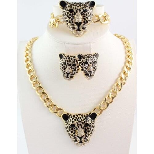 New Fashion Gold Color Black Enameled Leopard Pendant Statement Necklace Brecelet Earrings Jewelry Set