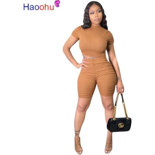 HAOOHU Solid Knitted Women Set Two Pieces Sets Tracksuits T-shirt Stacked Jogger Sweatpants Suit Fitness Outfits Matching Set