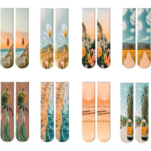 Natural Scenery Seaside Pattern Creative Personality Couples Long Socks Japanese Harajuku Cotton Seafront Funny Crew Socks Skarp