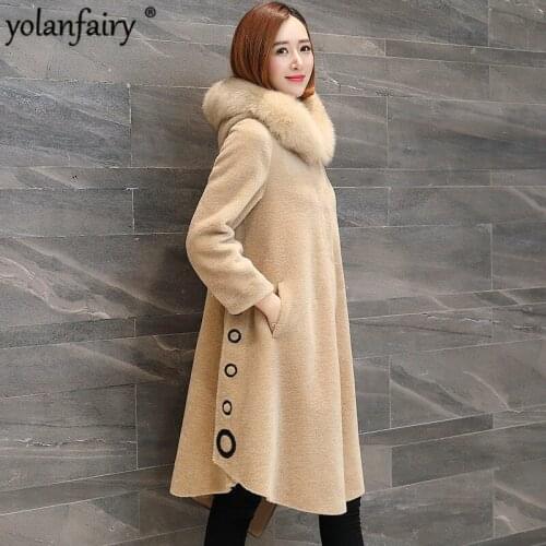 Women Real Fur Coat Sheep Shearling 100% Wool Jacket Winter Jacket 2020 Korean Warm Hooded Overcoat Manteau Femme 9612 YY400