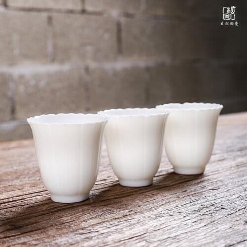 Entirely Handmade Small Cup Pull Embryo Carved Jade Porcelain Thin Tire Flower-Shaped Cup Tea Ceramic Teacup Tea Set Siteel