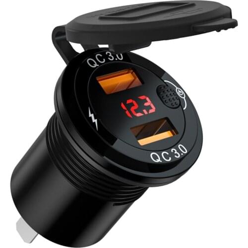 Aluminum Practical 3.4A Super Fast Charging Dock with Mechanical Switch Dual USB QC3.0 Digital Display Voltage Car Charger