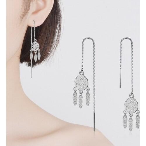 925 Sterling Silver Tassel Feather Dream Catcher Drop Earring For Women Christmas Jewelry eh496