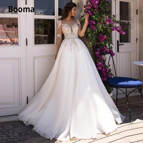 Booma Plus Size Wedding Dresses Lace Appliques with Tulle Bridal Gown Beach Boho with Illusion Long Sleeve 2020 Princess Dress