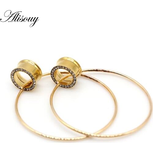 Alisouy 2pcs Surgical Steel Ear Tunnels Large Hoop Earring Plugs Expander Dangle Gauges Stretcher Piercing Ear expansion 6-16mm
