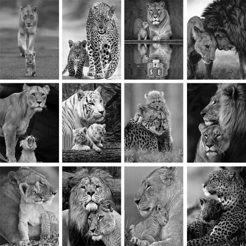 5D Black White Animal Diamond Painting Lion Tiger Leopard Mother Love Family Embroidery Mosaic Cross Stitch Home Room Decor Art