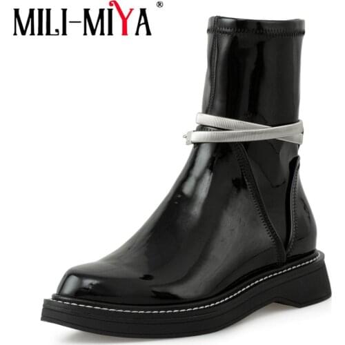 MILI-MIYA 2021 New Hot Sale Women High Quality Patent Leather Ankle Boots Metal Chain Low Heel Fashion Autumn Zipper Ladies Shoe