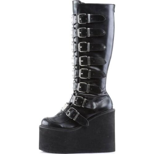 Design Big Size Black Gothic Style Cool Punk Motorcycles Boots Female Platform Wedges High Heels Calf Boots Women Shoes 35-43