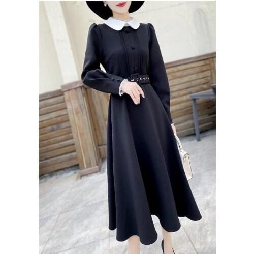 Top Popular Women Summer Midi Runway Dresses 2021 Women Long Sleeves Belt A-line Solid Party Hot Sale Black / Red Dress