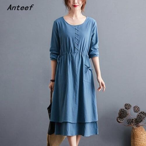 Anteef long sleeve cotton linen vintage dresses for women casual loose spring autumn dress elegant clothing 2021