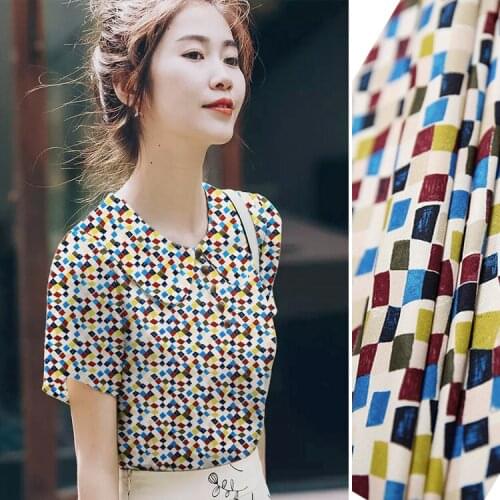 1 Meter Mosaic Small Lattice Printed Crepe De Chine Fabric, 18 Mumisan Silk Fabric