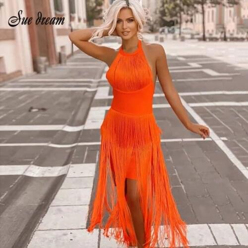2021 New Summer Sexy Womens Pure Color Halter Neck Tassel Design Round Neck Sleeveless Dress Orange Long Bandage Dress