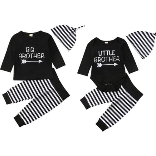 Big/Little Brother Matching Sets Kids Baby Boy Cotton Clothes Long Sleeve Letter Print Tops Romper Striped Pants Hat 3Pcs 0-5Y