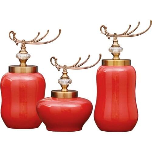3pcs/set Modern Creative New House Hotel Decor Red Ceramic Storage Tank Fine Porcelain Flower Vases Birthday Gifts